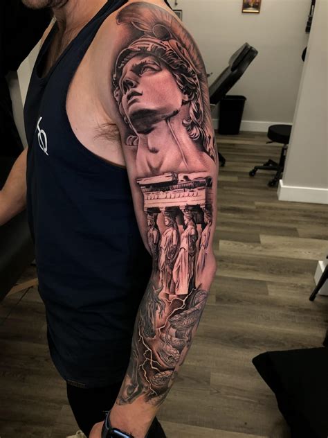 trojan tattoo|greek mythology full sleeve tattoo.